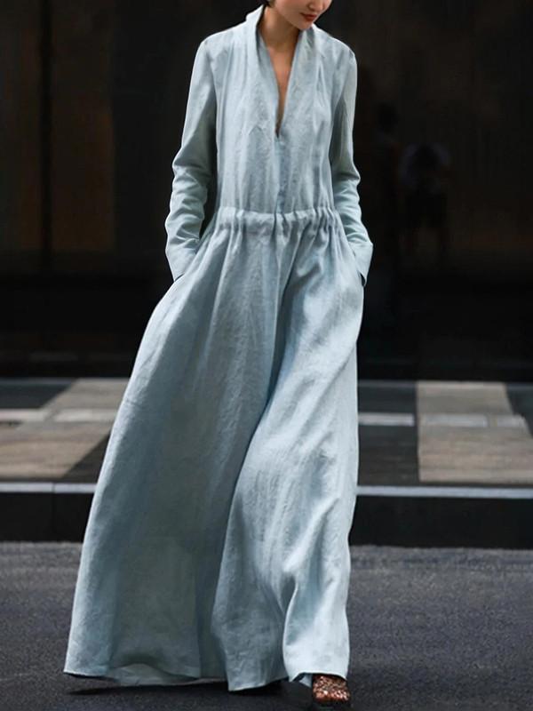 Solid Color Elasticity Loose Long Sleeves V-Neck Maxi Dresses