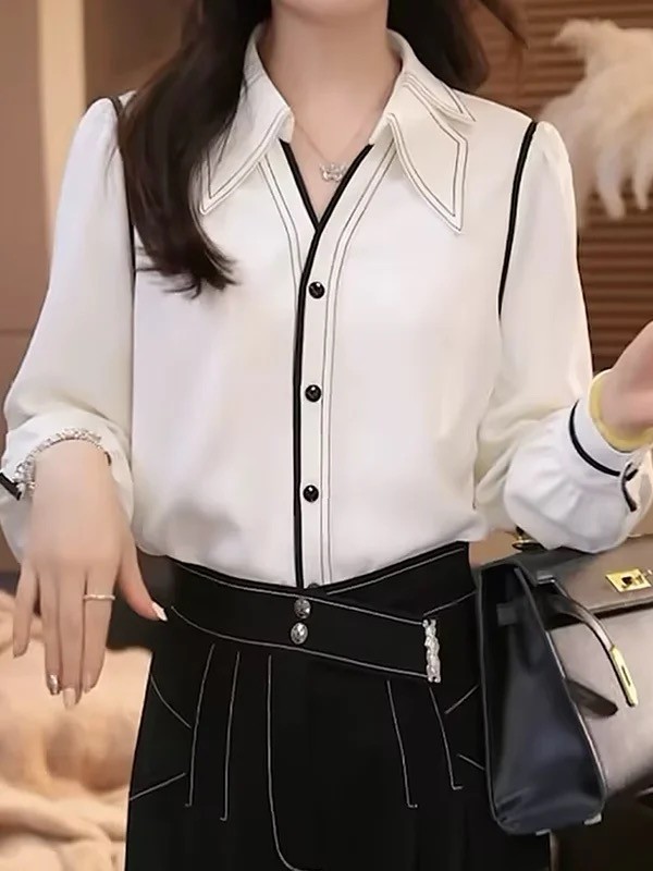 Pleated Contrast Color Buttoned Long Sleeves Lapel Blouses&Shirts Tops