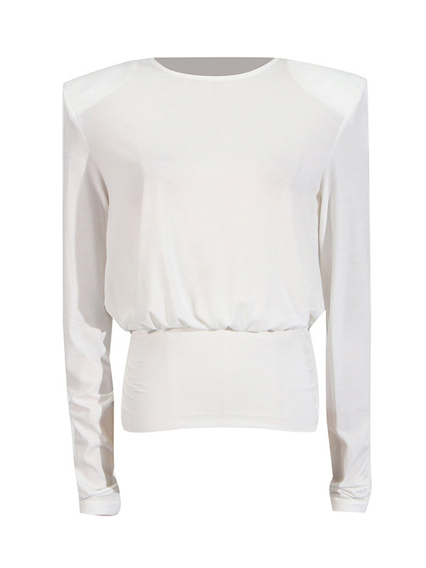 Solid Color Shoulder Pad Backless Long Sleeves Round-Neck Blouses&Shirts Tops