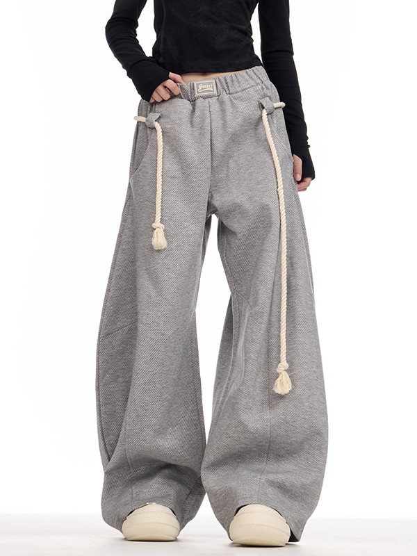 Solid Color Pockets Elasticity Drawstring Loose High Waisted Trousers Pants