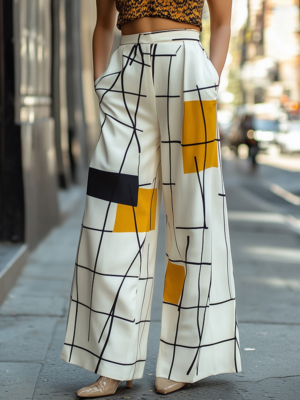 Split-Joint Printed Asymmetric Loose High Waisted Trousers Pants