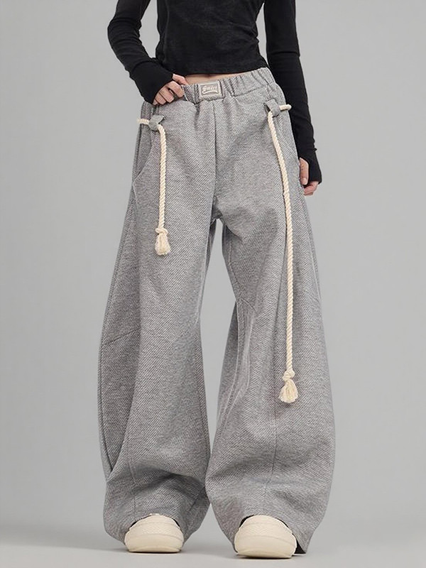 Solid Color Pockets Elasticity Drawstring Loose High Waisted Trousers Pants