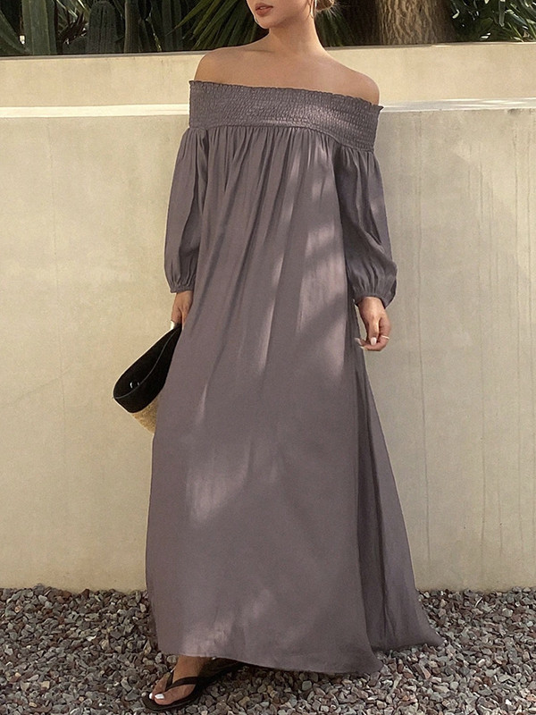 Solid Color Pleated Elasticity Puff Sleeves Loose Off-the-shoulder Maxi Dresses