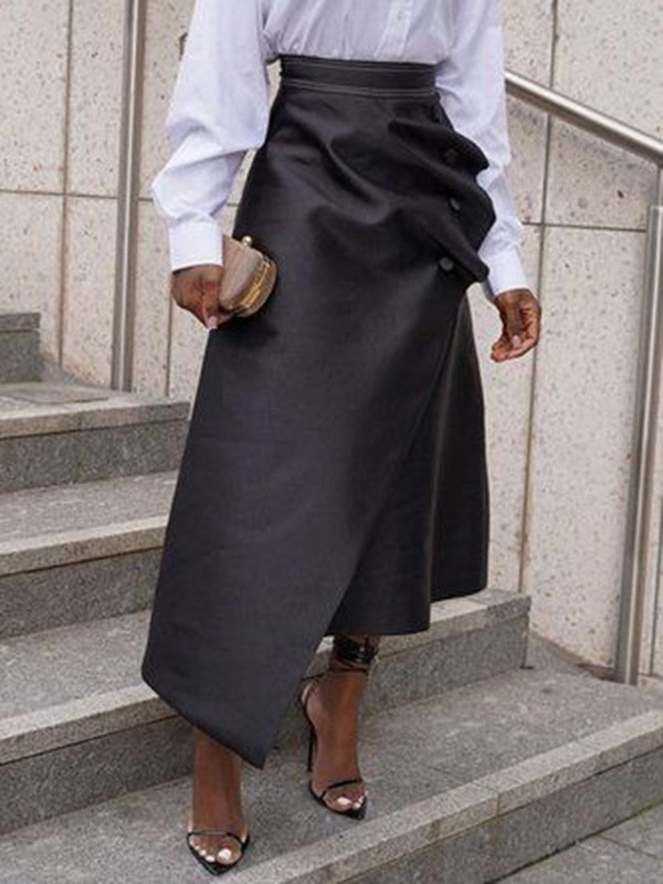 Split-Joint Pleated Buttoned Asymmetric Loose A-Line Skirts