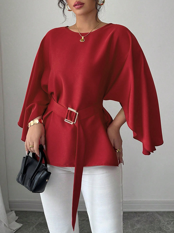 Tied Waist Split-Joint Batwing Sleeves Round-Neck Blouses&Shirts Tops