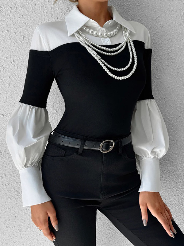 Split-Joint Pleated Contrast Color Buttoned Loose Long Sleeves Lapel Blouses&Shirts Tops