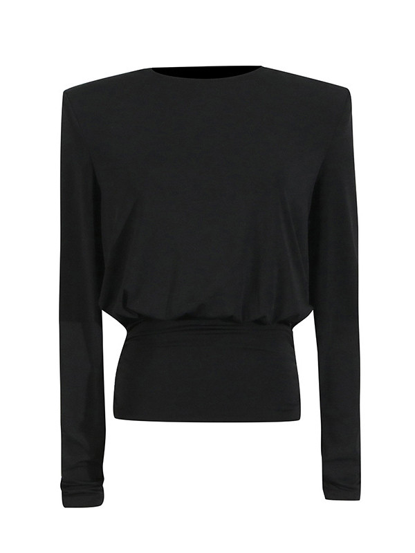 Solid Color Shoulder Pad Backless Long Sleeves Round-Neck Blouses&Shirts Tops