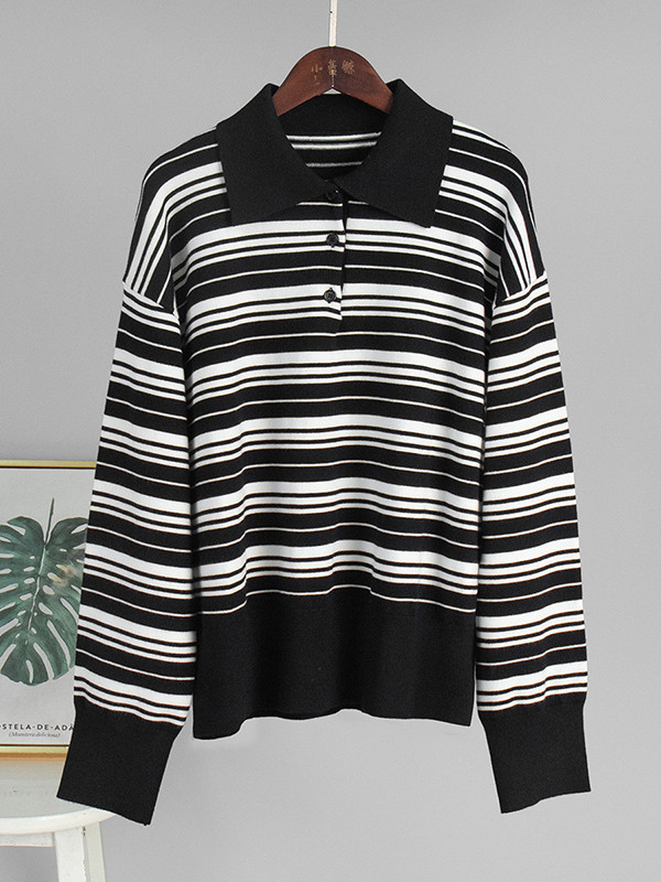 Striped Split-Joint Long Sleeves V-neck Sweater Tops