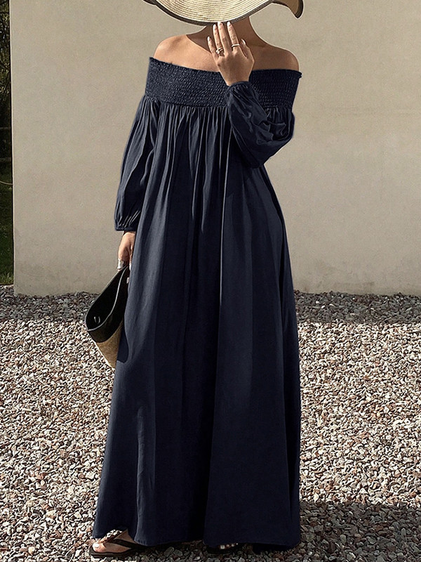 Solid Color Pleated Elasticity Puff Sleeves Loose Off-the-shoulder Maxi Dresses