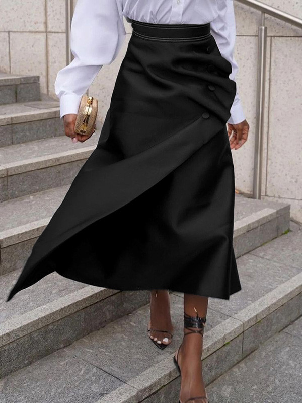 Split-Joint Pleated Buttoned Asymmetric Loose A-Line Skirts