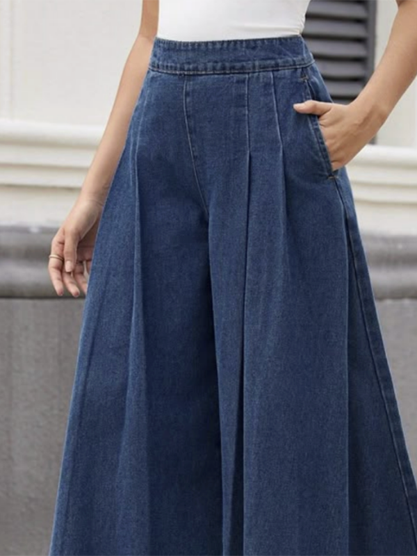 Solid Color Pockets Pleated Wide Leg Loose Trousers Jean Pants Bottoms