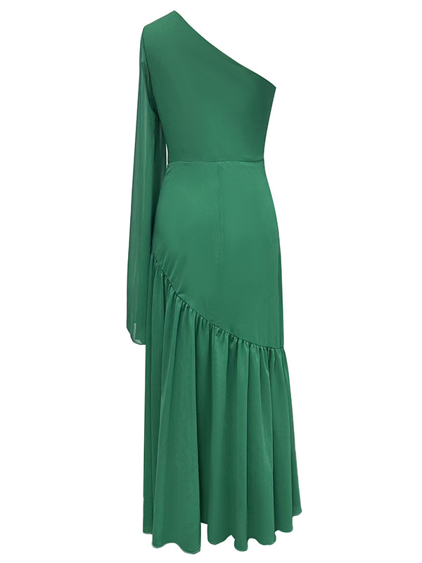 Zipper Solid Color Pleated Loose Long Sleeves One-Shoulder Maxi Dresses
