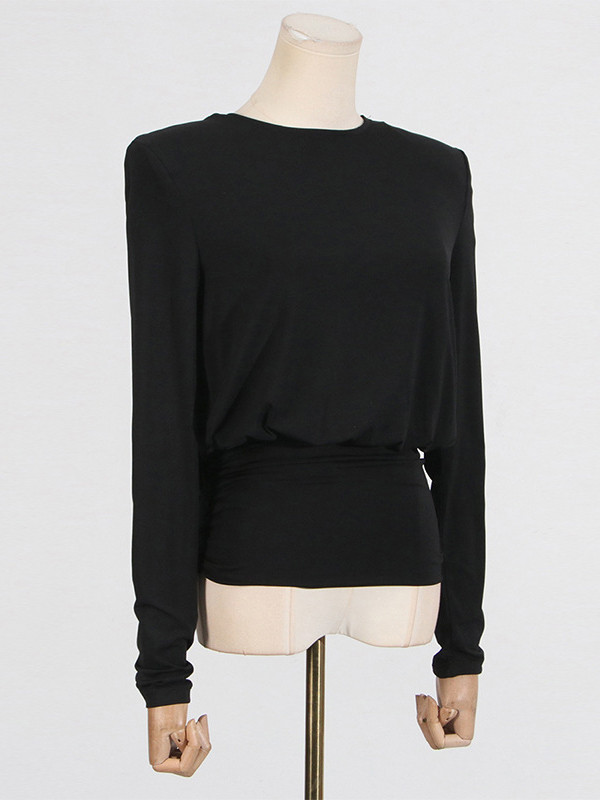 Solid Color Shoulder Pad Backless Long Sleeves Round-Neck Blouses&Shirts Tops