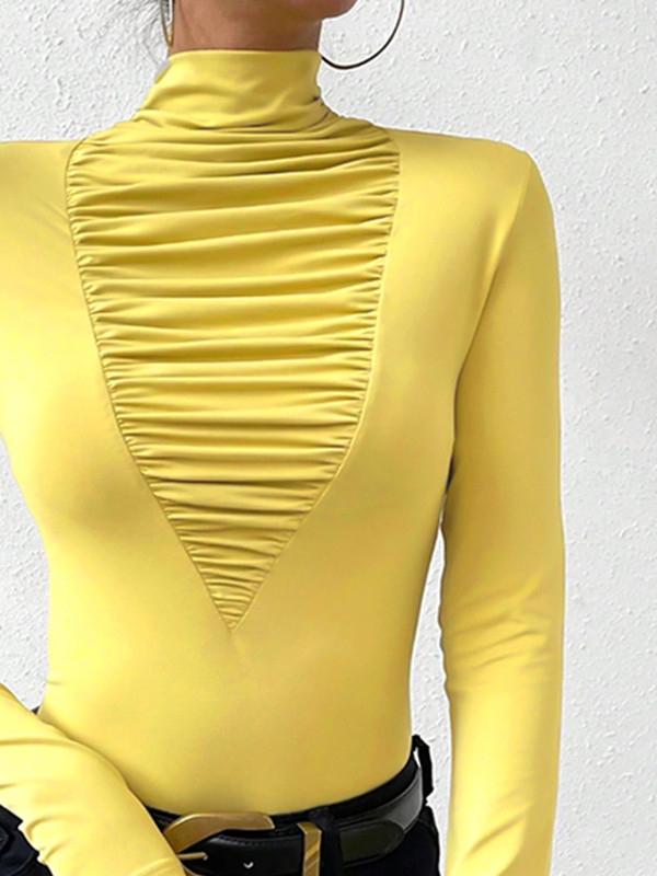 Split-Joint Solid Color Pleated Skinny Long Sleeves High Neck T-Shirts Tops