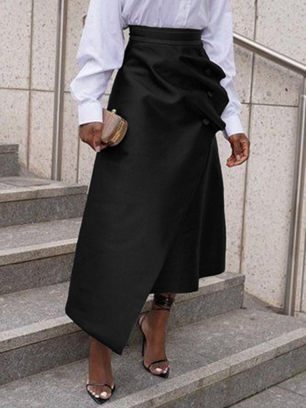 Split-Joint Pleated Buttoned Asymmetric Loose A-Line Skirts