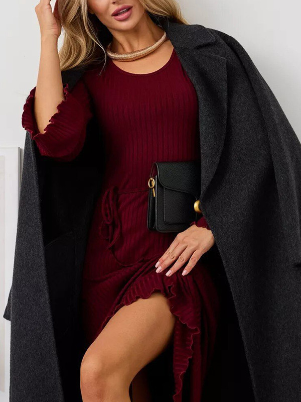 Split-Joint Solid Color Ruffled Pleated Long Sleeves Round-neck Maxi Dresses