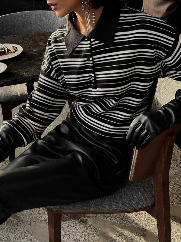 Striped Split-Joint Long Sleeves V-neck Sweater Tops