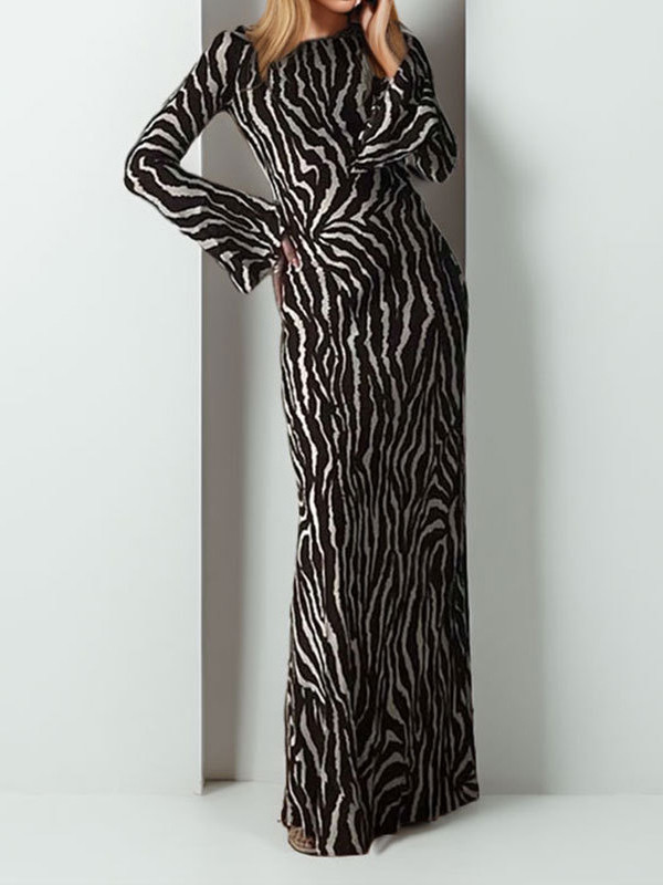 Zebra Printed Split-Toe Long Sleeves Round-neck Maxi Dresses