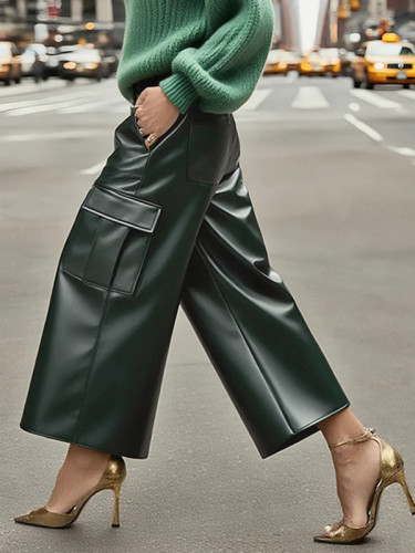 Split-Joint Solid Color Pockets Straight Leg Loose Trousers Pants