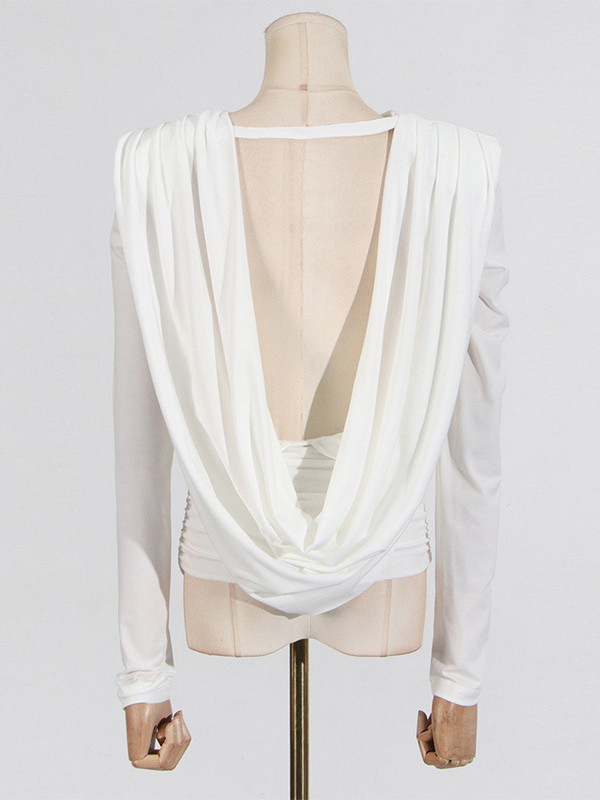 Solid Color Shoulder Pad Backless Long Sleeves Round-Neck Blouses&Shirts Tops
