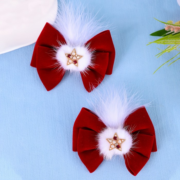Charming Red Bow Hair Clips - Plush Christmas & Winter Accessory for Women, Perfect for Parties and Dress-Up