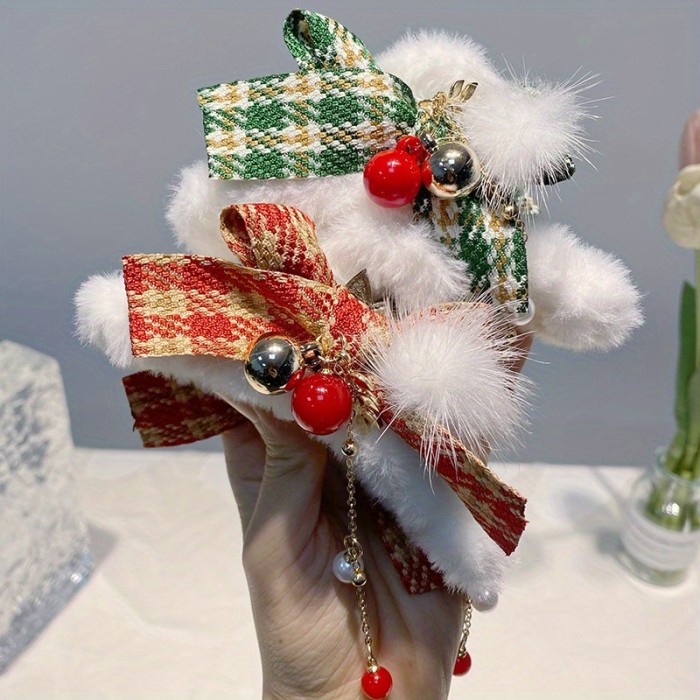 Christmas Bow Hairpin with Fluffy White Pom-Pom Red Berries & Golden Accents Festive Hair Accessories
