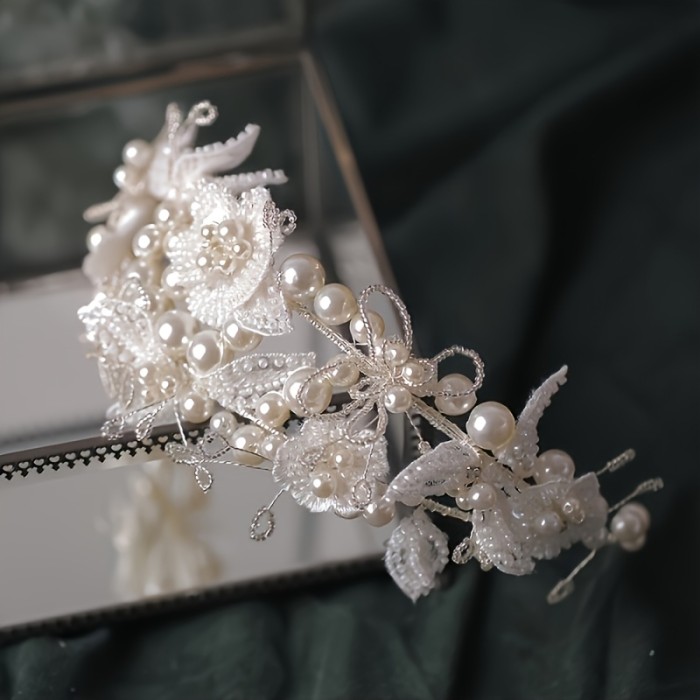 Elegant Bridal Pearl Headband with Sparkling Rhinestones and White Floral Accents - Ideal for Weddings, Parties, and Special Occasions