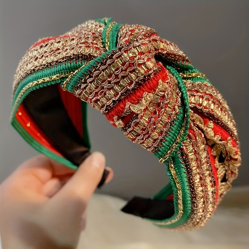 Bohemian Style Embroidered Knot Headband, Women's Fashion Hair Accessory, Colorful Print, Sequin Detail, Nurse's Day Celebration, Single Piece, Fabric Material, Summer Trend, Adult Wide Hairband