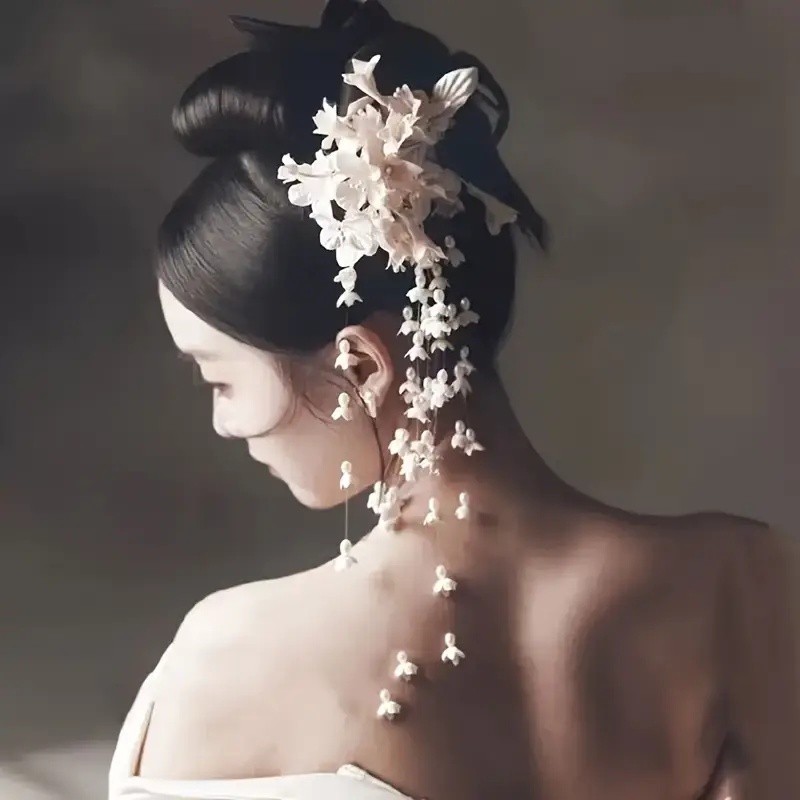 1pc Handmade Lily of the Valley Hairpin with Long Tassel - Beige Floral Hair Clip for Updos, Elegant Bridal Wedding Party Accessories, Traditional Chinese-Inspired Formal Event Hairpin, Wedding Hair Accessories, Sophisticated Hairpiece