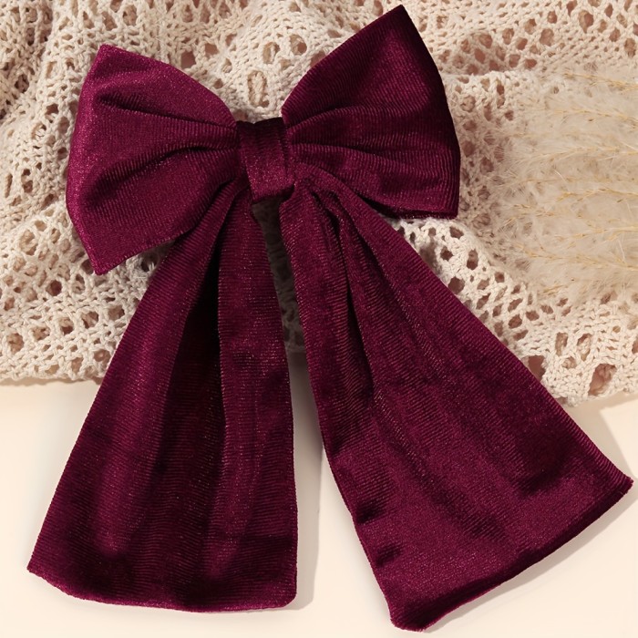 1pc Elegant Velvet Large Bow Hair Clip for Girls - Non-Slip, Solid Burgundy Color, Soft & Stylish Hair Accessory for Winter & Christmas, Festive Hairpiece | Elegant Hair Bow | Luxurious Texture, Hair Accessories for Girls