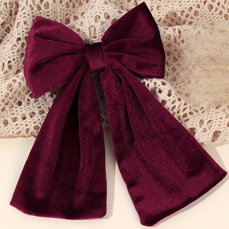 1pc Elegant Velvet Large Bow Hair Clip for Girls - Non-Slip, Solid Burgundy Color, Soft & Stylish Hair Accessory for Winter & Christmas, Festive Hairpiece | Elegant Hair Bow | Luxurious Texture, Hair Accessories for Girls