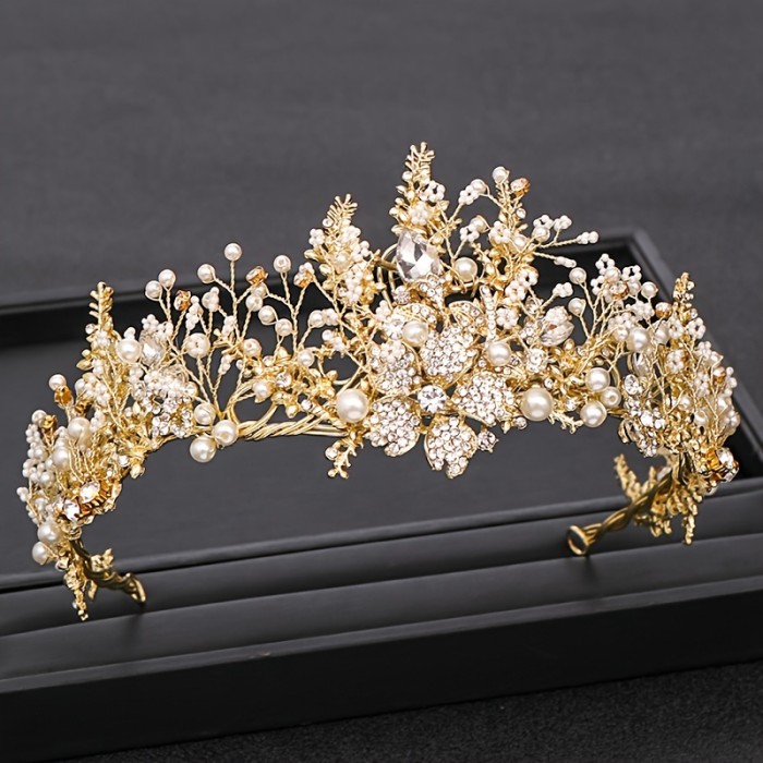 1pc Handmade Flower Pearl Crown Headband for Dancing, Adorned with Rhinestones, Perfect for Dancing And Festive Party Decorations.