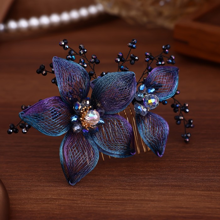 1pc Elegant Handmade Flower Hair Comb - Retro Copper Headdress with Iridescent Blue & Purple Petals, Black Beads & for Updo Styling, Perfect for Special Occasions & Casual Attire, Hairstyle Enhancer | Vintage Style | Handcrafted Comb, Hair Accessories