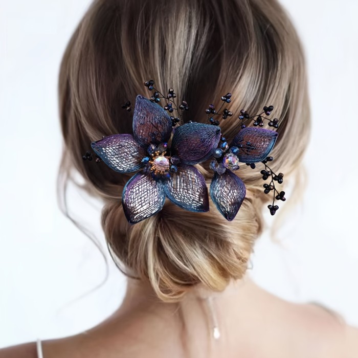 1pc Elegant Handmade Flower Hair Comb - Retro Copper Headdress with Iridescent Blue & Purple Petals, Black Beads & for Updo Styling, Perfect for Special Occasions & Casual Attire, Hairstyle Enhancer | Vintage Style | Handcrafted Comb, Hair Accessories