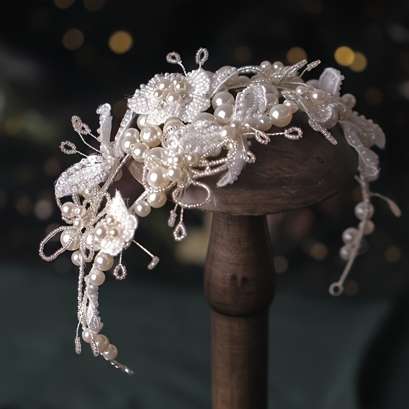 Elegant Bridal Pearl Headband with Sparkling Rhinestones and White Floral Accents - Ideal for Weddings, Parties, and Special Occasions