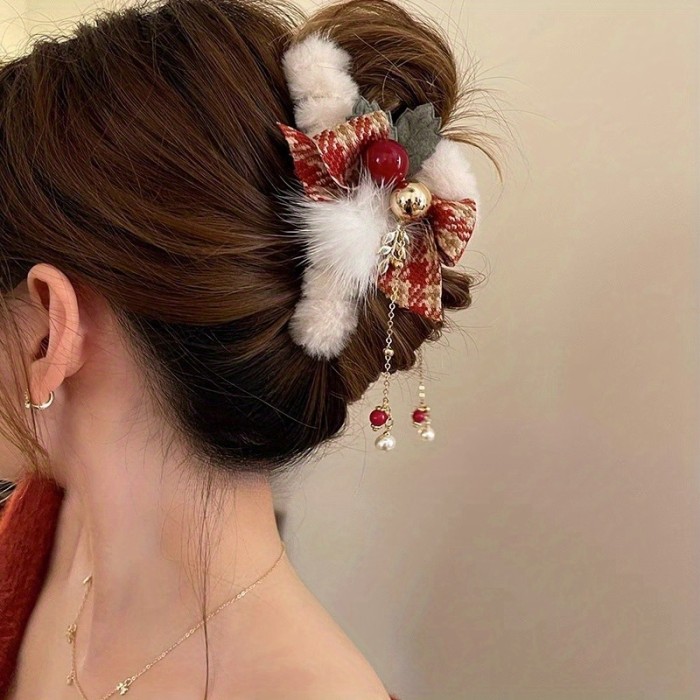 Christmas Bow Hairpin with Fluffy White Pom-Pom Red Berries & Golden Accents Festive Hair Accessories