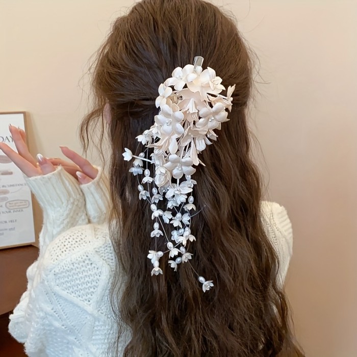 1pc Handmade Lily of the Valley Hairpin with Long Tassel - Beige Floral Hair Clip for Updos, Elegant Bridal Wedding Party Accessories, Traditional Chinese-Inspired Formal Event Hairpin, Wedding Hair Accessories, Sophisticated Hairpiece