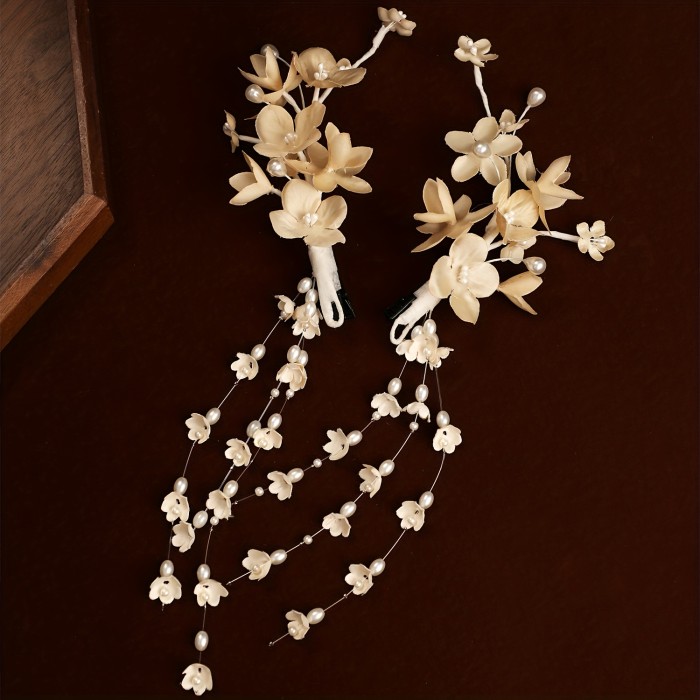 2pcs Elegant Beige Floral Hair Clips with Faux Pearl & Tassel Accents - Handmade Women'S Hair Accessories for Weddings, Parties, and Formal Events, Party Hair Accessories | Floral Hair Clip | Intricate Craftsmanship, Hair Accessories for