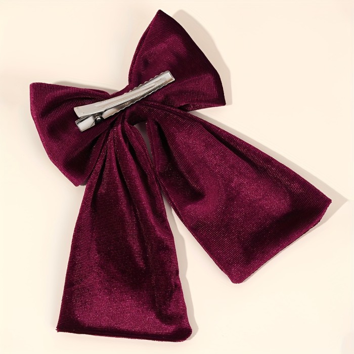 1pc Elegant Velvet Large Bow Hair Clip for Girls - Non-Slip, Solid Burgundy Color, Soft & Stylish Hair Accessory for Winter & Christmas, Festive Hairpiece | Elegant Hair Bow | Luxurious Texture, Hair Accessories for Girls