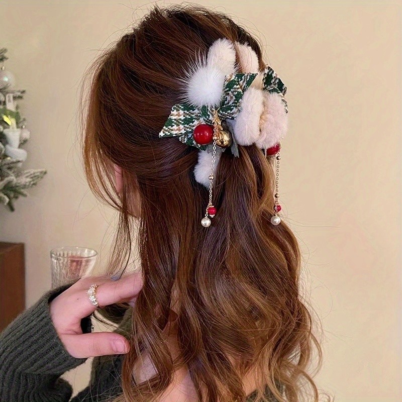 Christmas Bow Hairpin with Fluffy White Pom-Pom Red Berries & Golden Accents Festive Hair Accessories