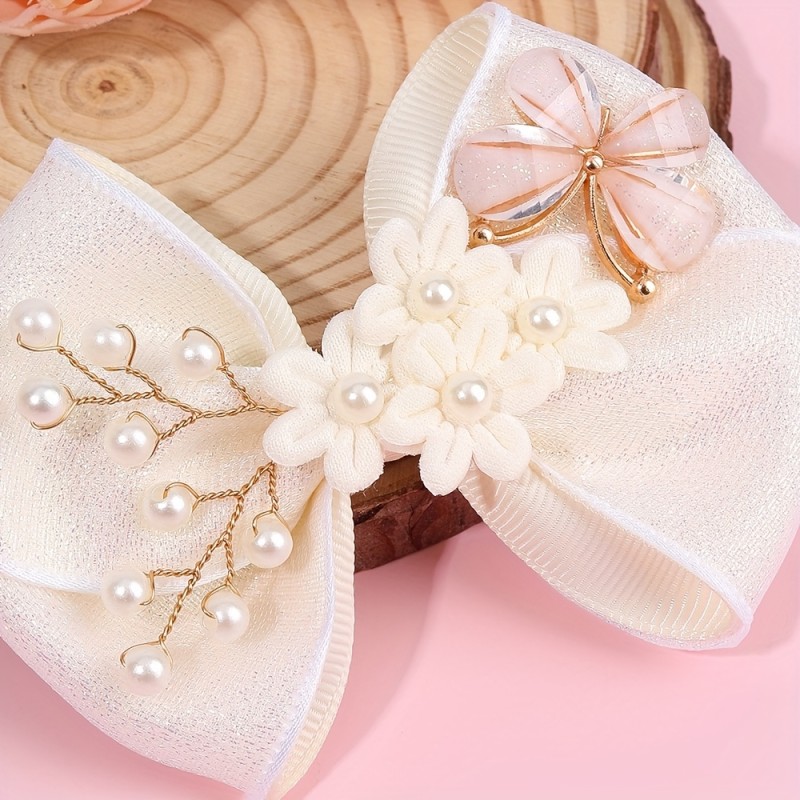 1pc s Floral Bow Hair Clips with Faux & Butterfly Design - Elegant Polyester Barrettes for Daily Styling, Birthdays, Parties - Beige Hair Accessories Gift, Hair Accessories for s