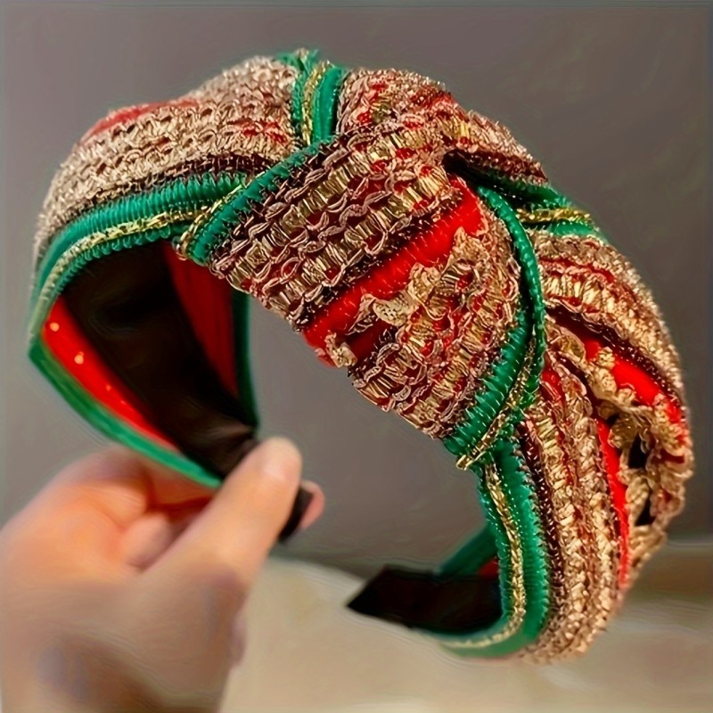 Bohemian Style Embroidered Knot Headband, Women's Fashion Hair Accessory, Colorful Print, Sequin Detail, Nurse's Day Celebration, Single Piece, Fabric Material, Summer Trend, Adult Wide Hairband