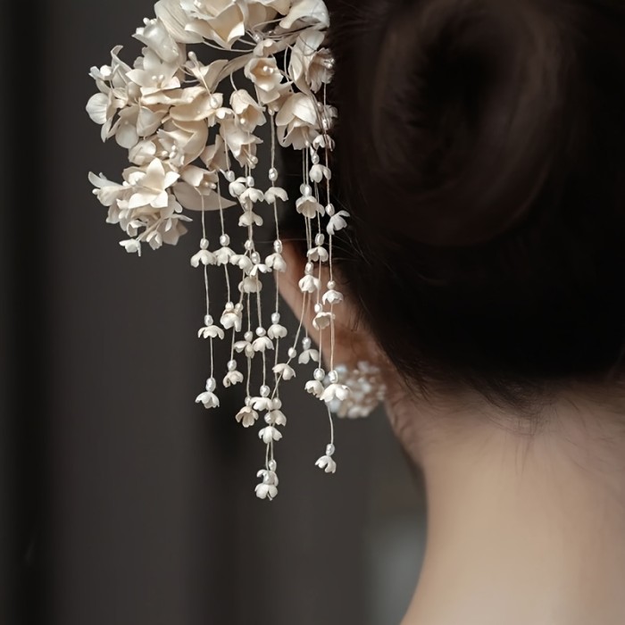 1pc Handmade Lily of the Valley Hairpin with Long Tassel - Beige Floral Hair Clip for Updos, Elegant Bridal Wedding Party Accessories, Traditional Chinese-Inspired Formal Event Hairpin, Wedding Hair Accessories, Sophisticated Hairpiece