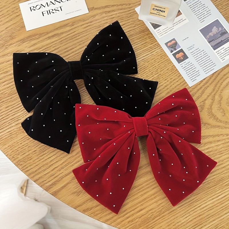 1pc Elegant Rhinestone Velvet Hair Clip with Large Bowknot Design - Sparkling s' Hair Accessory for Christmas, Parties & Special Occasions, Ages 14+