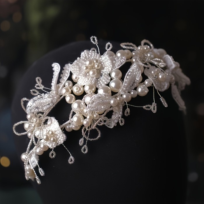 Elegant Bridal Pearl Headband with Sparkling Rhinestones and White Floral Accents - Ideal for Weddings, Parties, and Special Occasions