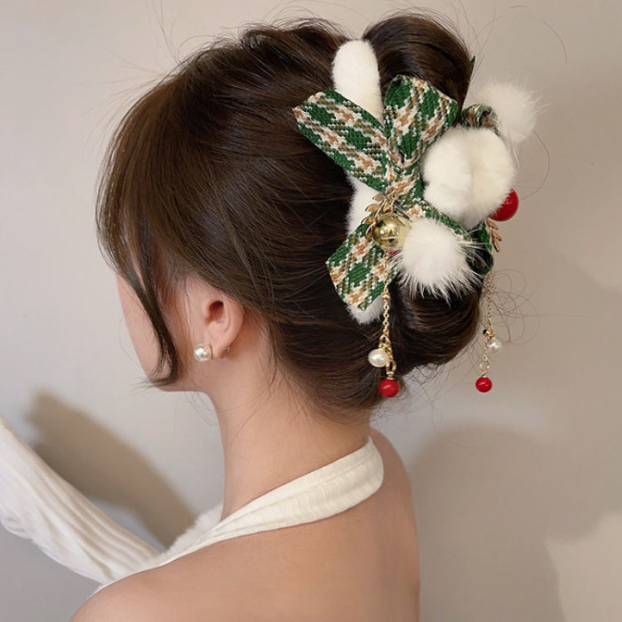 Christmas Bow Hairpin with Fluffy White Pom-Pom Red Berries & Golden Accents Festive Hair Accessories