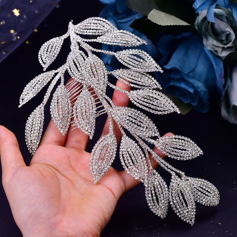 A Luxurious Handmade Bridal Headpiece Featuring a Diamond Chain And Leaf Design, Perfect for Weddings, Parties, And Stage Hairstyles.