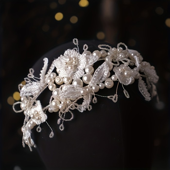 Elegant Bridal Pearl Headband with Sparkling Rhinestones and White Floral Accents - Ideal for Weddings, Parties, and Special Occasions