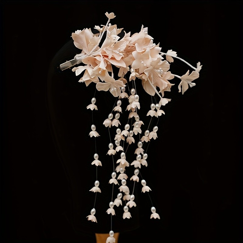 1pc Handmade Lily of the Valley Hairpin with Long Tassel - Beige Floral Hair Clip for Updos, Elegant Bridal Wedding Party Accessories, Traditional Chinese-Inspired Formal Event Hairpin, Wedding Hair Accessories, Sophisticated Hairpiece