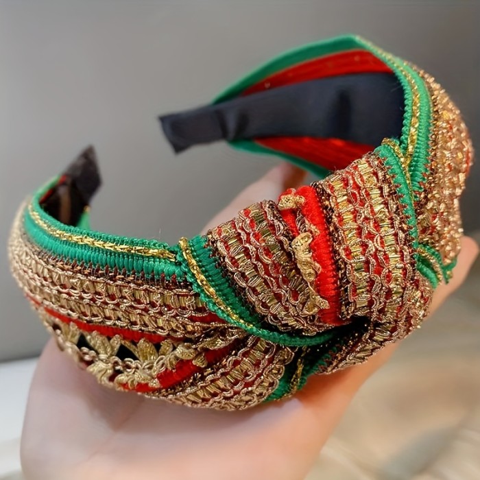 Bohemian Style Embroidered Knot Headband, Women's Fashion Hair Accessory, Colorful Print, Sequin Detail, Nurse's Day Celebration, Single Piece, Fabric Material, Summer Trend, Adult Wide Hairband